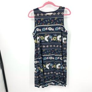 LOFT Ann Taylor Women Size Large Petite LP Dress Blue Floral Tank Swing Stretch‎